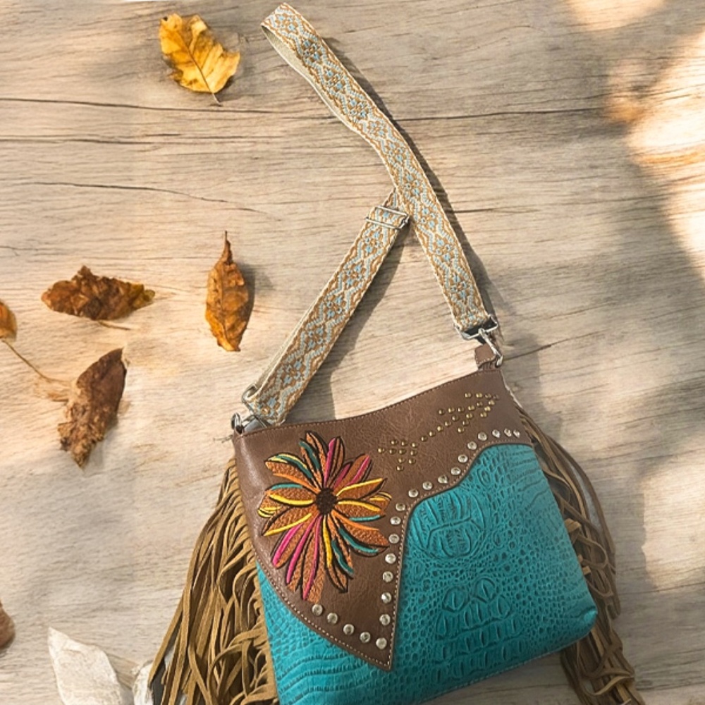 Western Fringe Crossbody Purse Flower Vegan Boho Bags Women Cowgirl Handbags - Picture 12 of 13